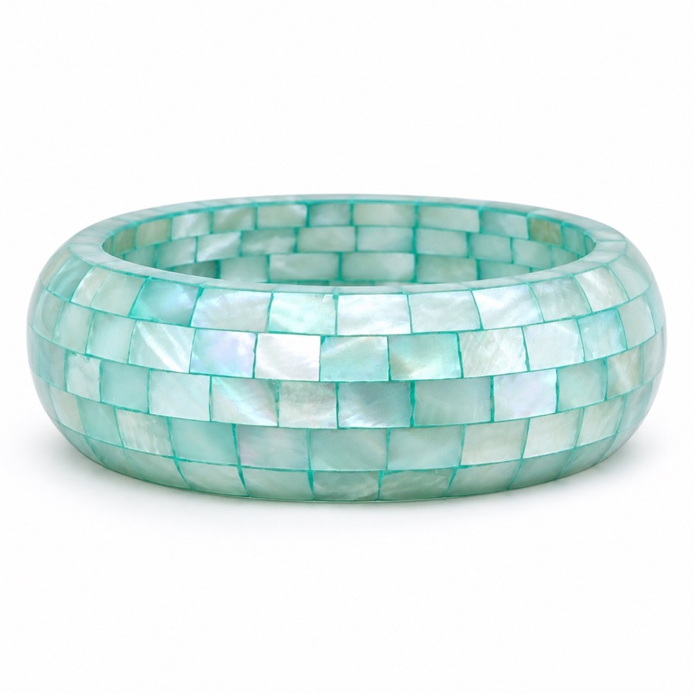 Vintage Turquoise Blue Green Mother of Pearl Mosaic Bangle, Chunky Shell